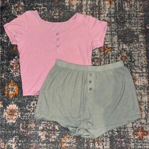Target Pink Ribbed Short Sleeve Top and Sage Green Ribbed Shorts Pajama Set